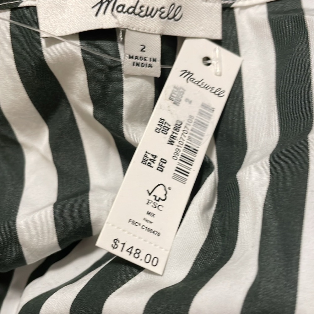 Madewell Tie-Waist Midi Shirtdress in Stripe Forest‎ Green White Size 2 - Picture 8 of 14